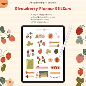 Könnte beinhalten: Digitale Planer-Aufkleber mit Erdbeer-Designs. Das Bild zeigt ein Tablet mit verschiedenen vorgeschnittenen PNG-Aufklebern, darunter Erdbeeren, Blätter, Blumen und dekorative Elemente. Der Text auf dem Bild lautet "Strawberry Planner Stickers".