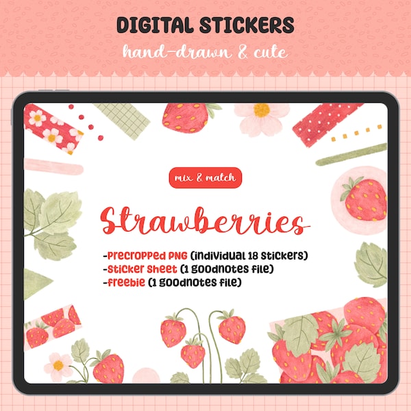 Cute Hand-Drawn Digital Stickers. Strawberries Digital Stickers. GoodNotes Stickers. GoodNotes Digital Planner Stickers. Pre-Cropped PNG