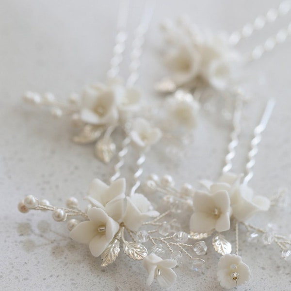 2Pcs Floral Pearl Hair Pins Bridal Hair Pins Bridesmaid Hair Accessories,Retro Wedding Hairpin Bride Comb Handmade Clay Blossom Hairpin