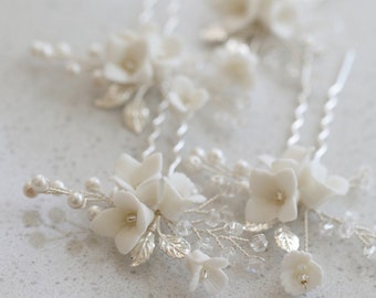 2Pcs Floral Pearl Hair Pins Bridal Hair Pins Bridesmaid Hair Accessories,Retro Wedding Hairpin Bride Comb Handmade Clay Blossom Hairpin