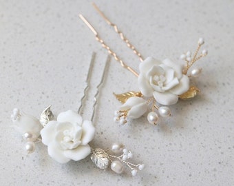 Natural freshwater pearls Ceramic Flower Hairpins Retro Bridal Headwear White Flower Pearl Accessories Gold Silver Headwear, Gift For Her