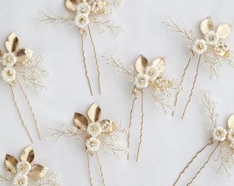 Copricapo da sposa in stile europeo minimalista, forcina per capelli con foglie di fiori da 3 pezzi, forcine per capelli con fiori in ceramica perlata fatta a mano, regalo per lei