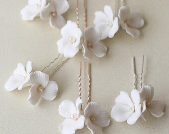 Ceramic flower hair fork hairpin 5 cm bride headdress white beautiful hair accessory natural freshwater pearl hairpin, Bride Gift