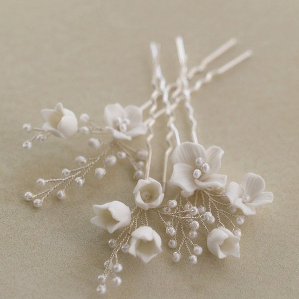 3Pcs Ceramic Natural Pearl Pins, Forest Wedding Party bride headwear, simple white flower hairpin, hair fork, gold and silver Wedding Gift