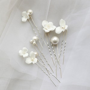 6 stuks minimalistische parel keramische bloem haarspelden bruids haarspelden set bruidsmeisje oorbellen haar accessoire huwelijkscadeau handgemaakte partij haarspelden Silver Hairpins