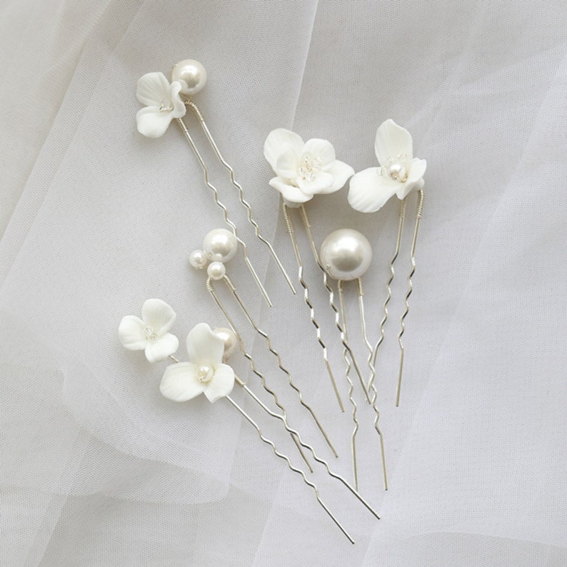 6 Unids Minimalista Perla Cerámica Flor Pasadores de Pelo Nupcial Conjunto de Pasadores de Pelo Pendientes de Dama de Honor Accesorio para el Cabello Regalo de Boda Horquillas de Fiesta Hechas a Mano Silver Hairpins