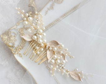 Peigne à cheveux en perles naturelles, peigne à cheveux de mariage, feuille d'or, peigne à cheveux en perles, accessoires pour cheveux, cadeau de mariage, robe de mariée, accessoires pour cheveux