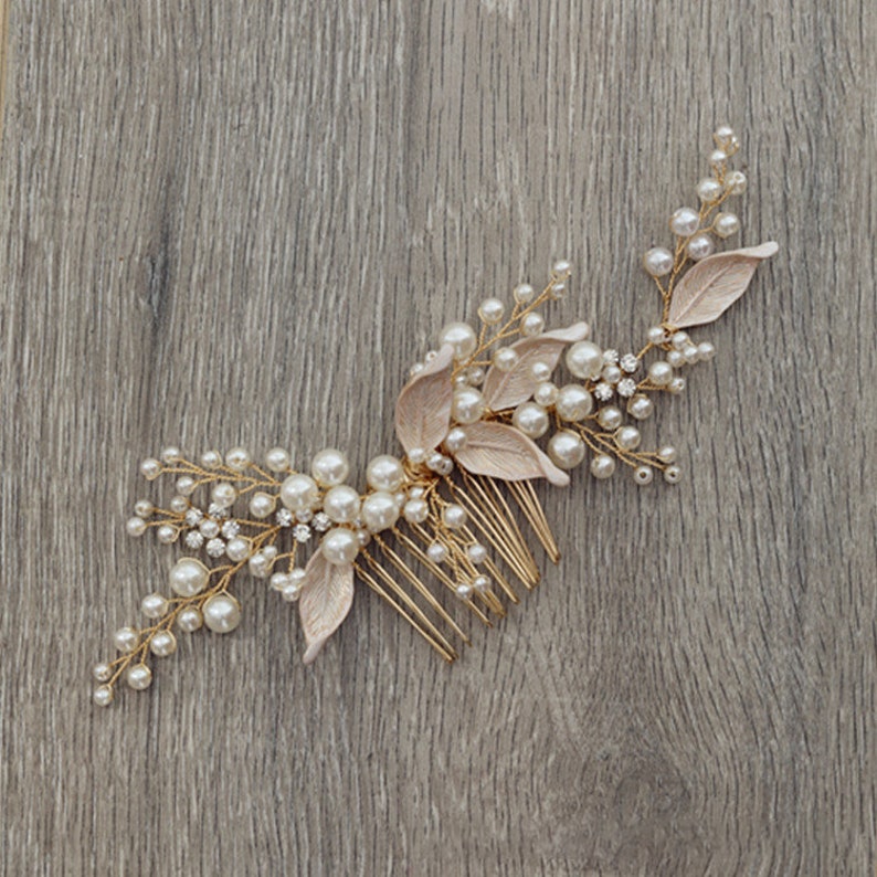 Natural Pearl Hair Comb Palace Wedding Hair Comb Gold Leaf Pearl Hair Comb Hair Accessories Wedding Gift Wedding Dress Hair Accessories image 4