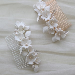 Ceramic flowers Hairpins cherry blossoms freshwater pearls hair comb hairpins bridal headwear Wedding Gift Bride Comb Handmade Party Hairpin image 9