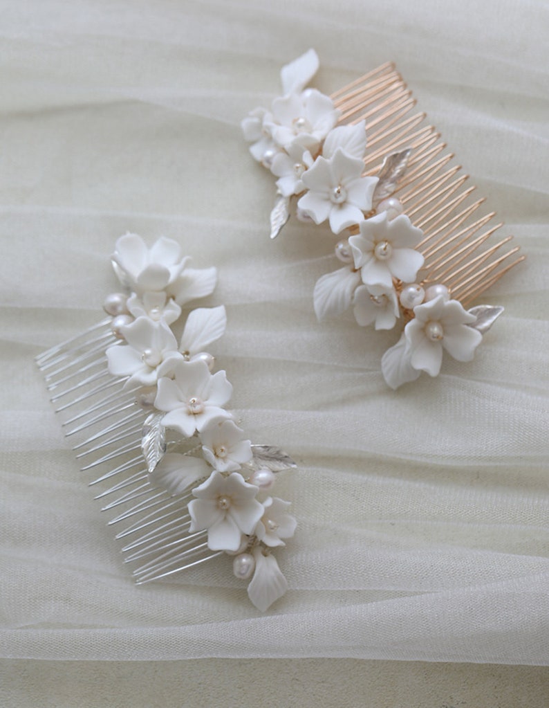 Ceramic flowers Hairpins cherry blossoms freshwater pearls hair comb hairpins bridal headwear Wedding Gift Bride Comb Handmade Party Hairpin image 9