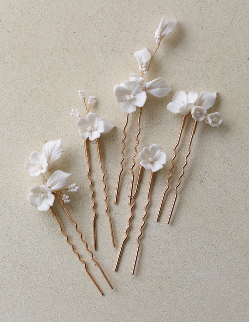 5Pcs White Ceramic Flower Pearl Hair Pins Bridal Hair Pins Bridesmaid Hair Accessories Valuable Wedding Gift Bride Handmade Party Hairpins image 4