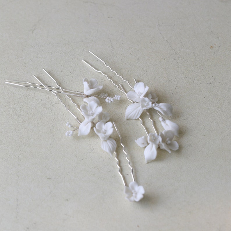 5Pcs White Ceramic Flower Pearl Hair Pins Bridal Hair Pins Bridesmaid Hair Accessories Valuable Wedding Gift Bride Handmade Party Hairpins image 2