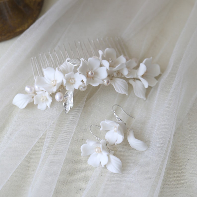 Ceramic flowers Hairpins cherry blossoms freshwater pearls hair comb hairpins bridal headwear Wedding Gift Bride Comb Handmade Party Hairpin image 6