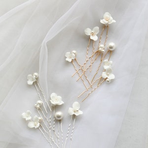 6Pcs Minimalist Pearl Ceramic Flower Hair Pins Bridal Hair Pins Set Bridesmaid earrings Hair Accessory Wedding Gift Handmade Party Hairpins imagen 3