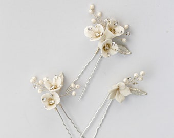 3 Pcs Mini Céramique Fleur Perle Épingles À Cheveux De Mariée Épingles À Cheveux Demoiselle D'honneur Cheveux Accessoires Précieux Cadeau De Mariage Mariée À La Main Partie Épingles À Cheveux