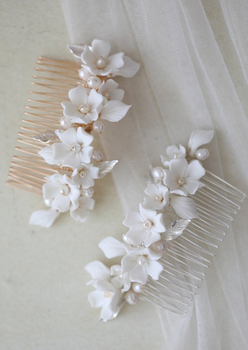 Ceramic flowers Hairpins cherry blossoms freshwater pearls hair comb hairpins bridal headwear Wedding Gift Bride Comb Handmade Party Hairpin image 8