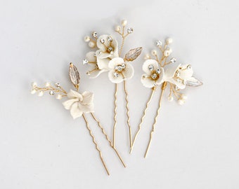 3Pcs Pearl ceramic flower hairpin Pure Silver Flower White Crystal Boutique Wedding Headwear Bridesmaid headdress Wedding gift