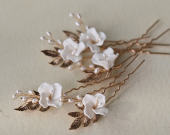 3 STKS Vintage Bladgoud Pins Zoetwater parel keramische kleine bloemen Headpins Bruids Hoofddeksels Paleis Bruiloft Hoofddeksels Accessoires