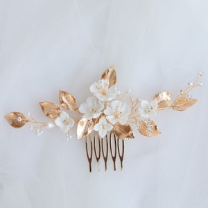 Wedding Hair accessories ceramic cherry blossom white flower bride hair comb Gold Leaf simple and beautiful wedding accessories image 3