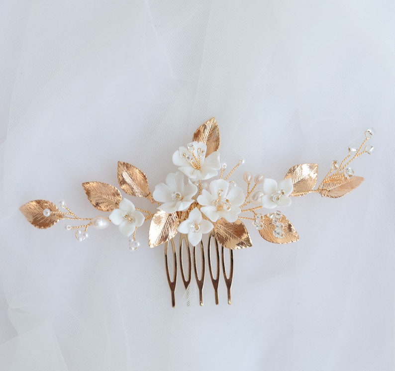 Wedding Hair accessories ceramic cherry blossom white flower bride hair comb Gold Leaf simple and beautiful wedding accessories image 3