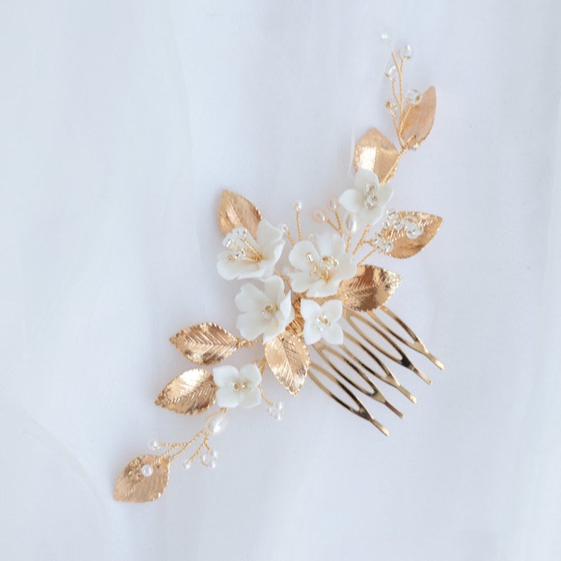 Wedding Hair accessories ceramic cherry blossom white flower bride hair comb Gold Leaf simple and beautiful wedding accessories image 4