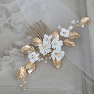 Wedding Hair accessories ceramic cherry blossom white flower bride hair comb Gold Leaf simple and beautiful wedding accessories image 1