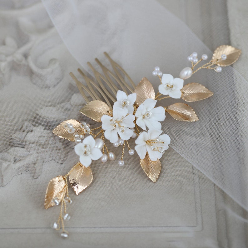 Wedding Hair accessories ceramic cherry blossom white flower bride hair comb Gold Leaf simple and beautiful wedding accessories image 1