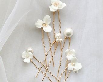 6 pièces minimaliste perle céramique fleur épingles à cheveux épingles à cheveux de mariée ensemble boucles d'oreilles de demoiselle d'honneur accessoire de cheveux cadeau de mariage épingles à cheveux de fête faites à la main