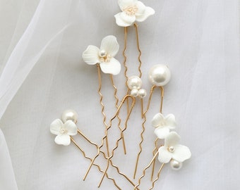 6 pezzi fermagli per capelli fiore in ceramica minimalista perla fermagli per capelli da sposa set orecchini da damigella d'onore accessorio per capelli regalo di nozze forcine per feste fatte a mano