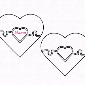May include: Two black outline heart shapes with a puzzle piece design. The top heart has the word "Mama" inside a smaller heart shape.