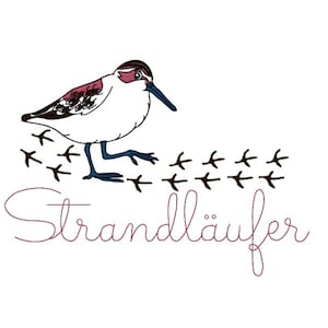 May include: A whimsical illustration of a shorebird with a white body, burgundy accents, and blue legs and beak. The bird is walking, leaving a trail of black footprints. The word "Strandläufer" is written in a cursive font below the bird.