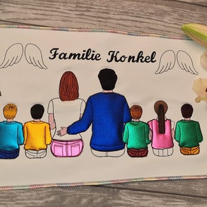 Puede incluir: Tela blanca bordada con un retrato familiar de siete personas, incluyendo dos adultos y cinco niños. Los adultos están de pie con los brazos alrededor del otro, y los niños están sentados frente a ellos. El texto "Familie Honkel" está por encima del retrato familiar, y dos alas de ángel están a cada lado del texto.