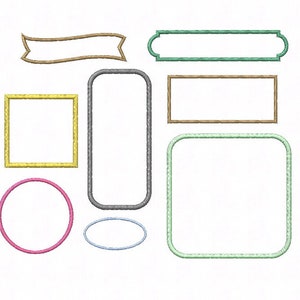 May include: A set of eight different embroidery frames in various colours and shapes, including a circle, oval, square, rectangle, and banner. The frames are all outlined in a single colour and are perfect for adding a decorative touch to any project.