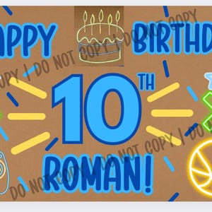 May include: A birthday-themed graphic with the words "HAPPY BIRTHDAY" in blue, along with "10th ROMAN!" in blue. The design includes a cake, stars, arrows, a game controller, and a basketball, all in neon colors on a brown background.