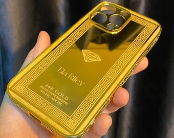 Custodia per iPhone personalizzabile con design in oro con diamanti / Tutti i modelli di iPhone / Custodia per iPhone ricamata in oro / Serie iPhone 11-12-13-14-15