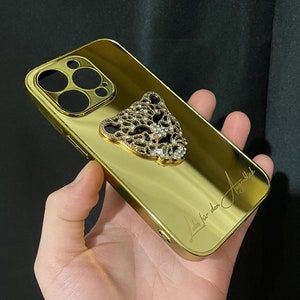 3D Leopard with Zircon Stones Figured Customizable iPhone Case / iPhone 16 Series Gold Case / Gold Mirror iPhone Case