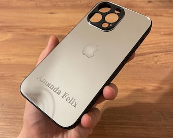 Funda para iPhone con diseño de logotipo de Apple personalizado en plata y oro con marco negro / Funda con espejo dorado / Serie iPhone 17 y todos los modelos de iPhone