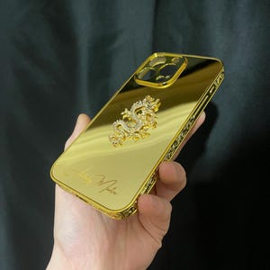 3-D Gold Plated Over Brass Dragon Figured Custom iPhone Case with Embroidered Edges/Gold Mirror Case /17-16 Series and All iPhone Models