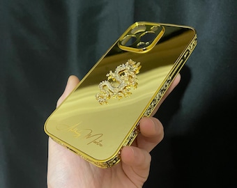 3-D Gold Plated Over Brass Dragon Figured Custom iPhone Case with Embroidered Edges/Gold Mirror Case /17-16 Series and All iPhone Models