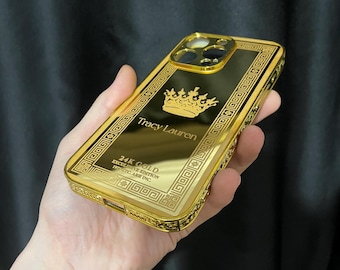 Customized Gold King Crown Design Embroidered iPhone Case / Custom Greek Key Design Gold iPhone Case / iPhone 16 Series & All iPhone Models