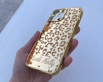 Customizable Leopard Gold Design iPhone Case / Gold Leopard Mirror Case / Gold Embroidered iPhone Case / iPhone 16-15 and All iPhone Case