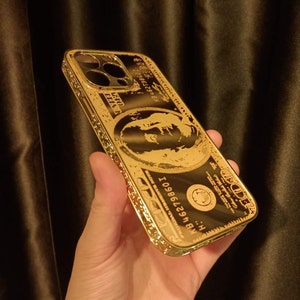 Coque d'iPhone personnalisable en or design dollar américain / Tous les modèles d'iPhone / Coque d'iPhone brodée en or / Séries d'iPhone 11-12-13-14-15-16