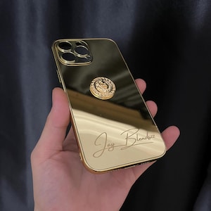 3-D Gold Plated Over Brass Lion Figured Customizable iPhone Case / Gold Mirror iPhone Case /  iPhone 16 Series and All iPhone Case