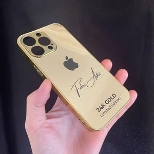 Appleロゴデザイン、プレーンエッジのカスタムiPhoneケース / ゴールドミラーケース / 16-15シリーズおよび全iPhoneモデル / ブラックデザインのゴールドiPhoneケース