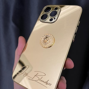 3-D Gold Plated Over Brass Lion Figured Customizable iPhone Case / iPhone 16 Series Gold Case / Gold Mirror iPhone Case