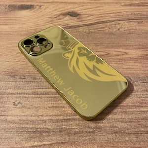 King Lion Design カスタマイズ可能なゴールド iPhone ケース（プレーンエッジ付き）/ゴールドミラーケース/16-15シリーズおよび全iPhoneモデル対応