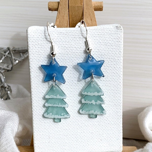 Ohrringe für Winter Weihnachten - Tannenbaum mit blauem Stern - Ohrschmuck Ohrhänger / kleine Geschenke Idee für Advent