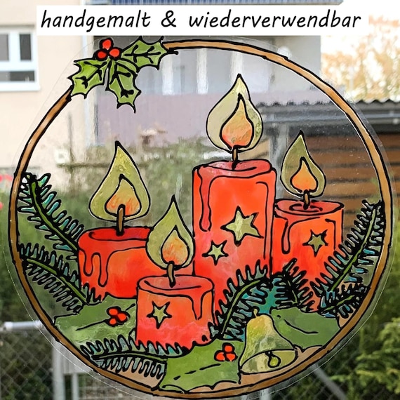 Fensterdeko zum hängen Weihnachten Winter - Adventskranz Kerzen / Fensterschmuck selbsthaftend, Haftfolie, Sonnenfänger, Window Color