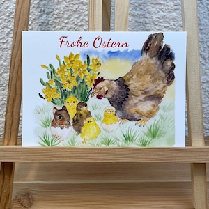 witzige Osterkarte mit Huhn und Küken, Faltkarte im DIN A6 Format, kleiner Osterhase versteckt sich im Ei, mit oder ohne Umschlag