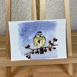 Grußkarte mit hübschem Vogelmotiv, Wintergruß der kleinen Blaumeise im Schnee, Klappkarte im DIN A6 Format, mit oder ohne Umschlag